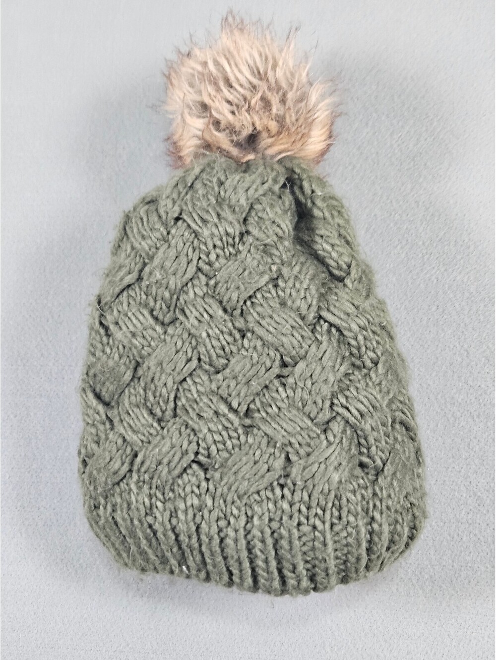 Olive Green Cable Knit Faux Fur Pom Pom Beanie OSFM